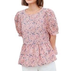 Shein Ditsy Pink Floral All Over Print Peplum Top Sz XL